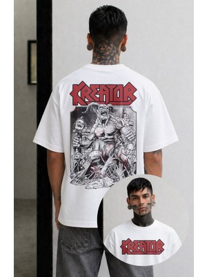 Fuddy Moda Unisex Kreator Sırt Baskılı Bisiklet Yaka Tişört, Oversize Rock Band Temalı Tshirt