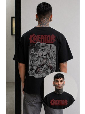 Fuddy Moda Unisex Kreator Sırt Baskılı Bisiklet Yaka Tişört, Oversize Rock Band Temalı Tshirt