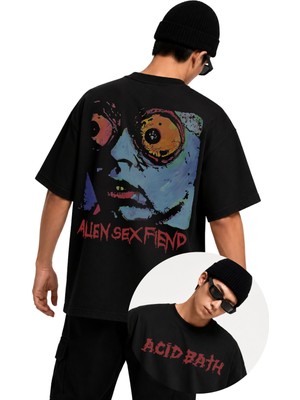 Fuddy Moda Unisex Acid Bath Alien Sex Fiend Sırt Baskılı Tişört, Oversize Rock Band Temalı Tshirt