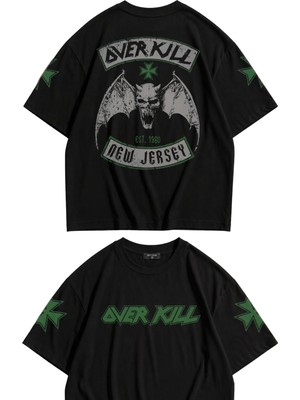 Fuddy Moda Unisex Overkill New Jersey Kol ve Sırt Baskılı Tişört, Oversize Rock Band Temalı Tshirt