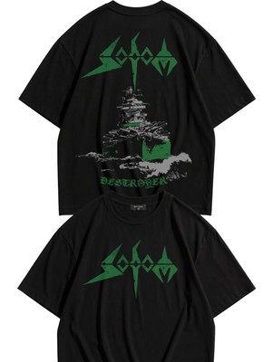 Fuddy Moda Unisex Sodom Sırt Baskılı Tişört, Oversize Rock Band Temalı Tshirt