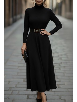 Palmira Demir Kadın Uzun Kollu Balıkçı Yaka Uzun Akrilik Elbise - Siyah / L-Xl