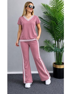 Palmira Demir Kadın Kısa Kollu V Yakalı Viskon Iki Iplik Bluz ve Pantolon Ikili Takım - Pembe / 2xl-3xl