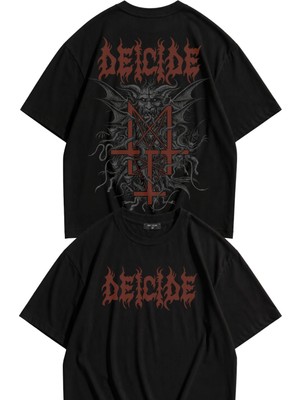 Fuddy Moda Unisex Deicide Sırt Baskılı Tişört, Oversize Rock Band Temalı Tshirt