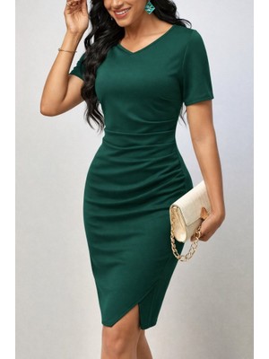 Palmira Demir Kadın Kısa Kollu V Yakalı Pileli Kısa Ithal Krep Elbise - Yeşil / 2xl-3xl