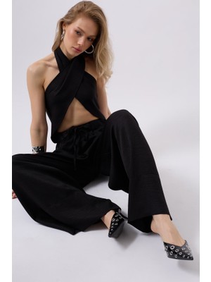 Palmira Demir Düşük Bel Oversize Keten Pantolon - Siyah / 36