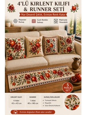 Empressco 4'lü Nar Desenli Kırlent Kılıfı ve Runner Seti – 43X43 cm Kırlent Kılıfı + 40X140 cm Runner – Polyester Kumaş – Dekoratif Salon & Mutfak Masa Örtüsü Seti