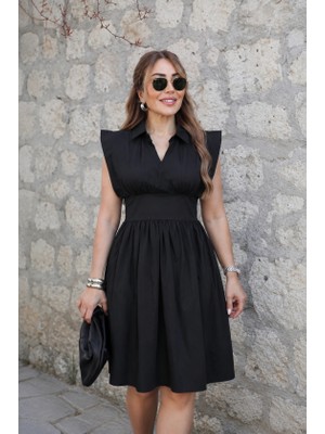 Palmira Demir Kadın Yakalı Belden Oturmalı Önden Büzgülü Dokuma Mini Elbise - Siyah / 2xl-3xl