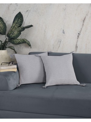 Empressco Bergama Gri 2'li Ponponlu Kırlent Kılıfı 45 x 45 cm Yastık Minder Kılıfı Fermuarlı Püsküllü