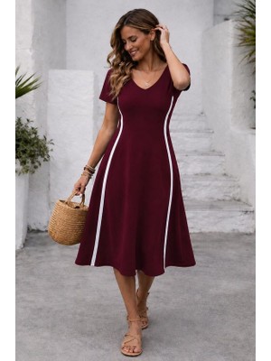 Palmira Demir Kadın Kısa Kollu V Yakalı Yanları Şerit Detaylı Viskon Iki Iplik Midi Elbise - Bordo / 2xl-3xl