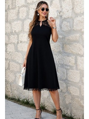 Palmira Demir Kadın Omuzlardan Açık Yakadan Halka Aksesuar Detaylı Dantel Midi Viskon Elbise - Siyah / 2xl-3xl