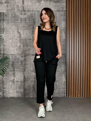 Palmira Demir Kadın Askılı Yuvarlak Yaka Viskon Iki Iplik Bluz ve Eşofman Altı Ikili Takım - Siyah / 2xl-3xl
