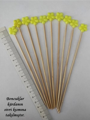 Tasarı Mağazası 15 cm Uzun Kürdan - 10 Adet Dekoratif Sarı Papatya Çiçek Boncuklu Kokteyl Kürdanı
