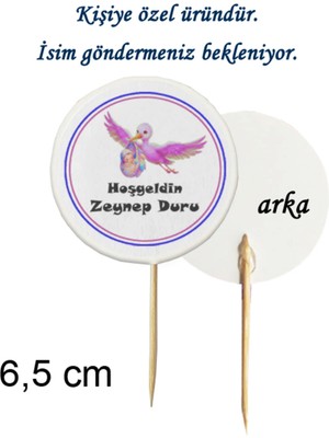 Tasarı Mağazası 10 Adet Kişiye Özel Pembe Leylekli Hoşgeldin Bebek Baskılı Kokteyl Kürdanı 6,5 cm - Baby Shower Partisi -2