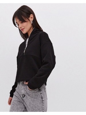 Palmira Demir Oversize Yarım Farmuarlı Yakalı Basic Sweatshirt - Siyah - Siyah / L