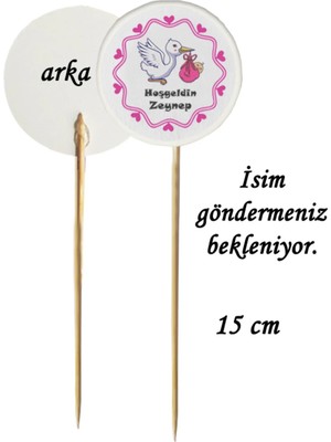 Tasarı Mağazası 15 cm Uzun Kürdan - 10 Adet Kişiye Özel Pembe Bebek Taşıyan Leylek Hoşgeldin Bebek Baskılı Pasta Kürdanı - Baby Shower Partisi-4