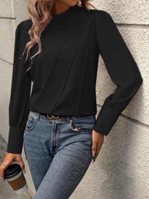 Palmira Demir Kadın Uzun Kollu Balıkçı Yaka Önden Dikişli Dokuma Bluz - Siyah / 2xl-3xl