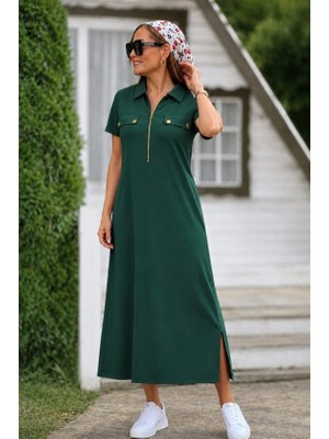 Palmira Demir Kadın Kısa Kollu Yakalı Fermuarlı Uzun Viskon Iki Iplik Elbise - Yeşil / 2xl-3xl