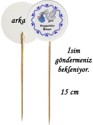 Tasarı Mağazası 15 cm Uzun Kürdan - 10 Adet Kişiye Özel Mavi Bebek Taşıyan Leylek Hoşgeldin Bebek Baskılı Pasta Kürdanı - Baby Shower Partisi-3