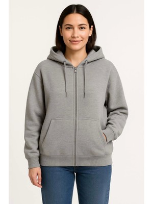 Palmira Demir Üç Iplik Kapüşonlu Tam Fermuarlı Kanguru Çepli Sweatshirt Hoodie - Gri - Gri / S