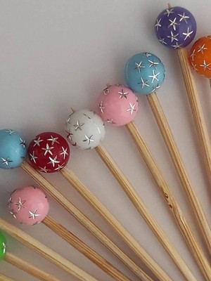 Tasarı Mağazası 50 Adet Dekoratif Renkli Yıldız Desenli Top Boncuklu Pasta Kürdanı 6,5 cm - Yılbaşı Kürdanı