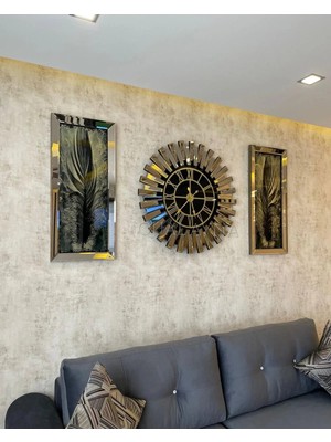 Empressco 3’lü Bronz Renk 65 cm Saat ve 30X70 cm Tablolar Set