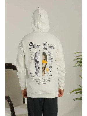 Palmira Demir Erkek Sırt Baskılı Oversize Üç Iplik Kapüşonlu Sweatshirt - Beyaz - Beyaz / Xl