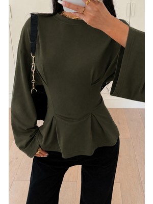 Cool Tarz Kadın Pilet Bel Oturtmalı Peplum Detaylı Uzun Kollu Bluz