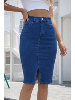 Palmira Demir Kadın Yüksek Bel Önden Yırtmaçlı Kısa Kot Etek - Lacivert / 3xl