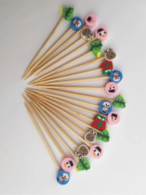 Tasarı Mağazası 100 Adet Dekoratif Yılbaşı Temalı Fimo Boncuklu Kürdan 6,5 Cm-Karışık Model-Happy New Year Toothpick