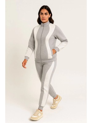 Palmira Demir Premium Parçalı Eşofman Takım - Dik Yaka Fermuarlı Sweatshirt - Gri - Gri / S