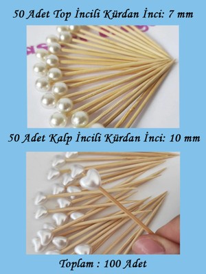 Tasarı Mağazası 100 Adet Dekoratif 2li Model Inci Boncuklu Pasta Kürdanı 6,5 cm - Top Inci 7 mm / Kalp Inci 10 mm