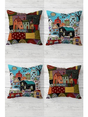 Empressco Patchwork Evler Desenli Gizli Fermuarlı Kırlent Kılıfı Koltuk Yastık Kılıfı TAKIM(4ADET)