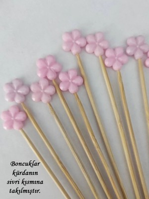 Tasarı Mağazası 15 cm Uzun Kürdan - 10 Adet Dekoratif Pembe Papatya Çiçek Boncuklu Kokteyl Kürdanı