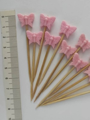 Tasarı Mağazası 25 Adet Dekoratif Orta Pembe Kelebek Boncuklu Kokteyl Kürdanı 6,5 cm - Kelebekli Pasta Kürdanı