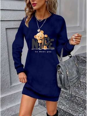 Palmira Demir Kadın Uzun Kollu Bisiklet Yaka Ayı Desenli Viskon Iki Iplik Elbise - Lacivert / 2xl-3xl