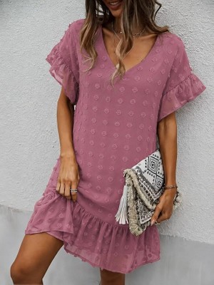 Palmira Demir Kadın Kısa Kollu V Yakalı Kısa Puantıyeli Şifon Elbise - Pembe / 2xl-3xl
