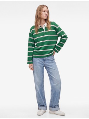 Koton Rahat Kalıp Pamuklu Şardonlu Düğmeli Polo Yaka Çizgili Sweatshirt