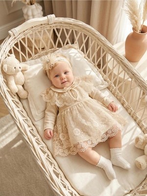 Bebila Baby Kız Bebek Mevlütlük Elbise Bebe Yaka Bandanalı Pelerinli Dantelli Yenidoğan Hastane Çıkışı Gelinlik % 100 Pamuk Abiye Mevlitlik 4032