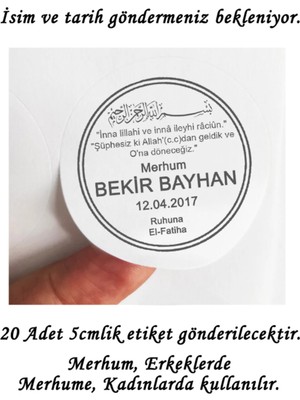 Tasarı Mağazası 20 Adet 5 cm Kişiye Özel Çift Çizgili Ruhuna El Fatiha Baskılı Mat Etiket Sticker - Vefat Etiketi -1