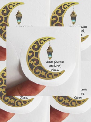 Tasarı Mağazası 24 Adet 4 cm Gold Hilal Berat Geceniz Mübarek Olsun Baskılı Mat Etiketi - Lokum Kutusu Etiketi-4