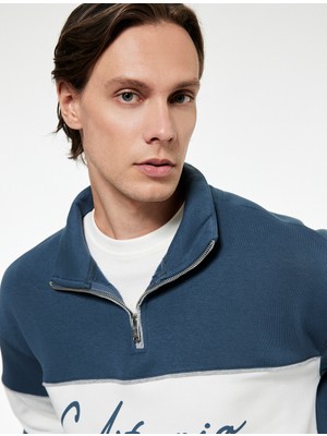 Koton Üç Iplik Şardonlu Renk Bloklu Rahat Kalıp Yarım Fermuarlı Yaka Baskılı Sweatshirt