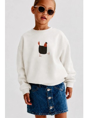 Monila Unisex Çocuk 3 Iplik Kumaş Pamuklu Tavuk Baskılı Sweatshirt