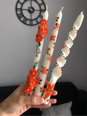 Empressco 3’lü Turuncu Çiçek Detaylı Mum Seti / El Boyaması Kabartmalı Şamdan Mum