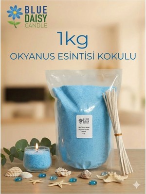 Empressco 1 kg Mavi Renkli Okyanus Esintisi Kokulu Inci Tozu Mum ( 25 Adet 20 cm Fitil ile ) Toz Mum Kum Mum