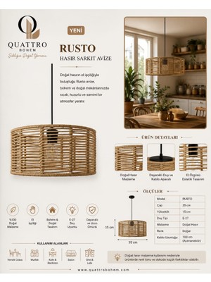 Quattro Home Rusto Doğal Hasır Sarkıt Avize 35 cm – El Örgüsü Bohem Avize