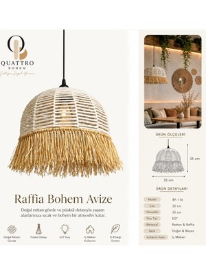 Quattro Home Raffia Bohem Avize 35X35 cm Doğal Rattan ve Rafya Püsküllü Sarkıt Avize