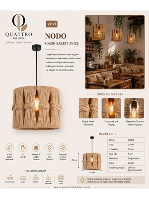 Quattro Home Nodo Hasır Sarkıt Avize 35 cm El Yapımı Doğal Bohem Dekoratif Tavan Lambası