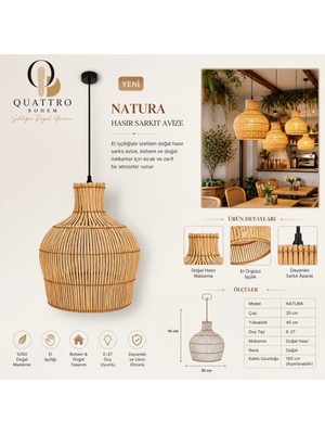 Quattro Home Natura Hasır Sarkıt Avize 35X45 cm Doğal Hasır El Işçiliği Bohem Aydınlatma