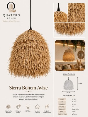 Quattro Home Sierra Bohem Avize 45X55 cm Doğal Rafya El Yapımı Sarkıt Aydınlatma
